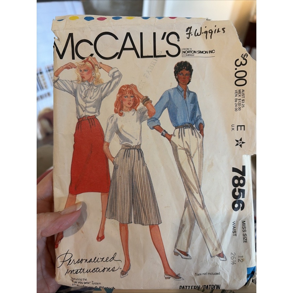 McCall's 7856 Sewing Pattern Misses Skirt Pants Culottes Size 12 Vintage 1982